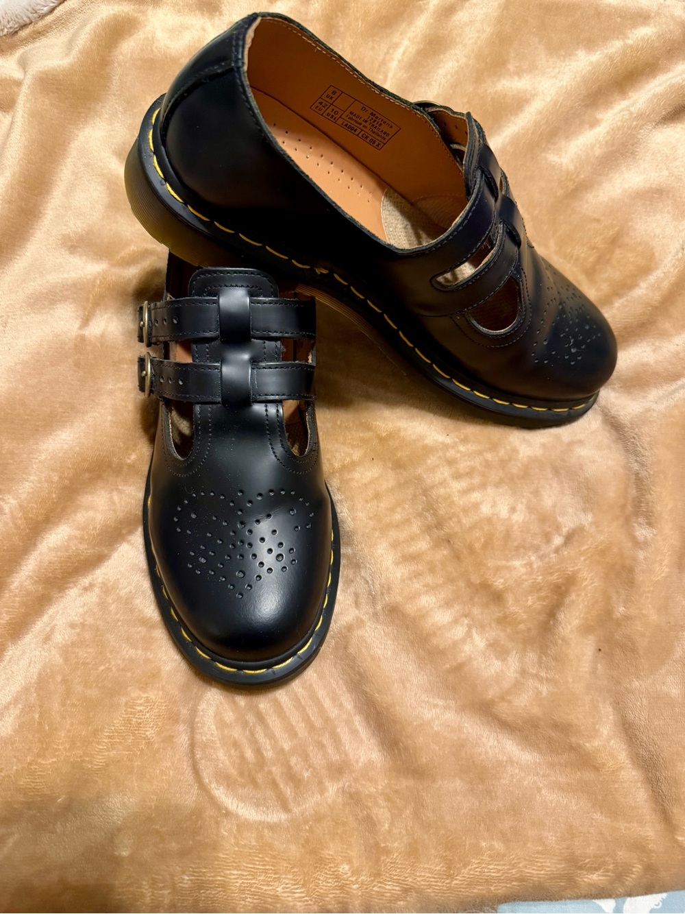 Dr. Martens Black Mary Jane Double-Strap Shoes with Yellow Stitching